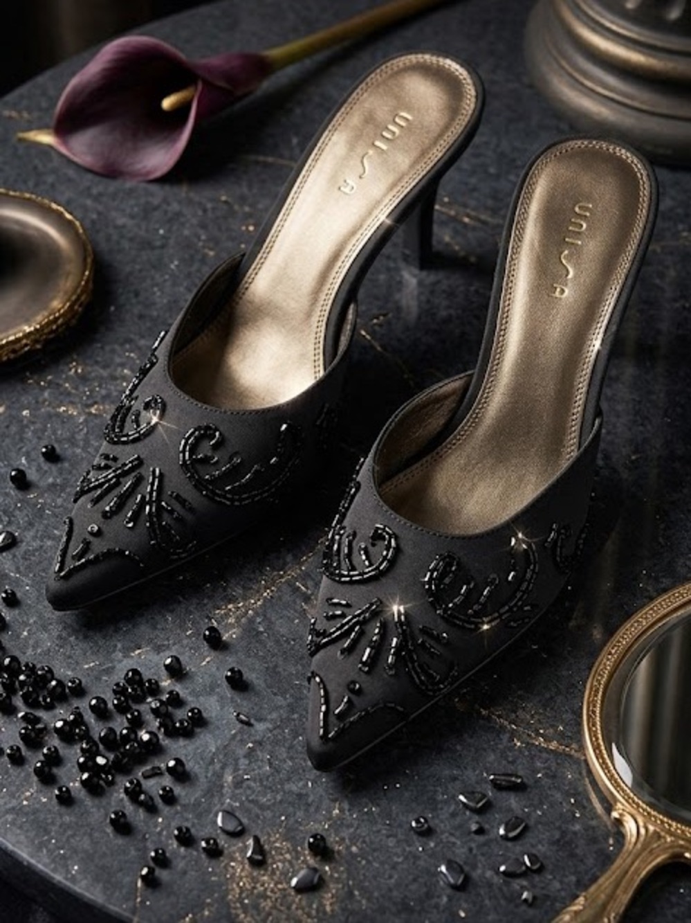 Unisa Black Beaded Pointed-Toe Slip-On Mules